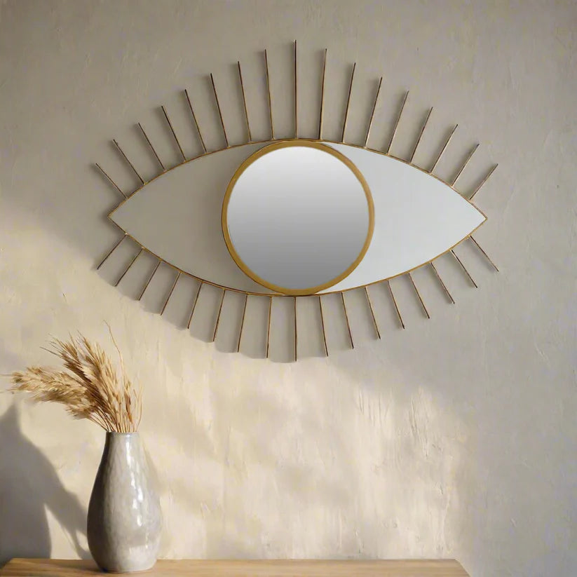 Golden Round Mirror in Eyes-Shaped Metal Frame