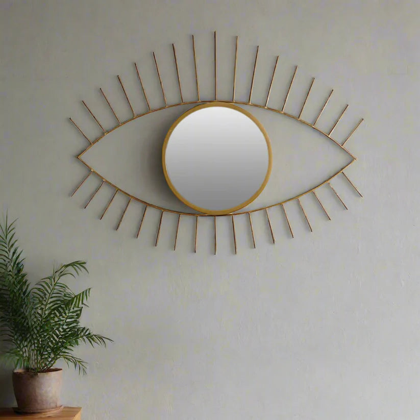 Golden Round Mirror in Eyes-Shaped Metal Frame