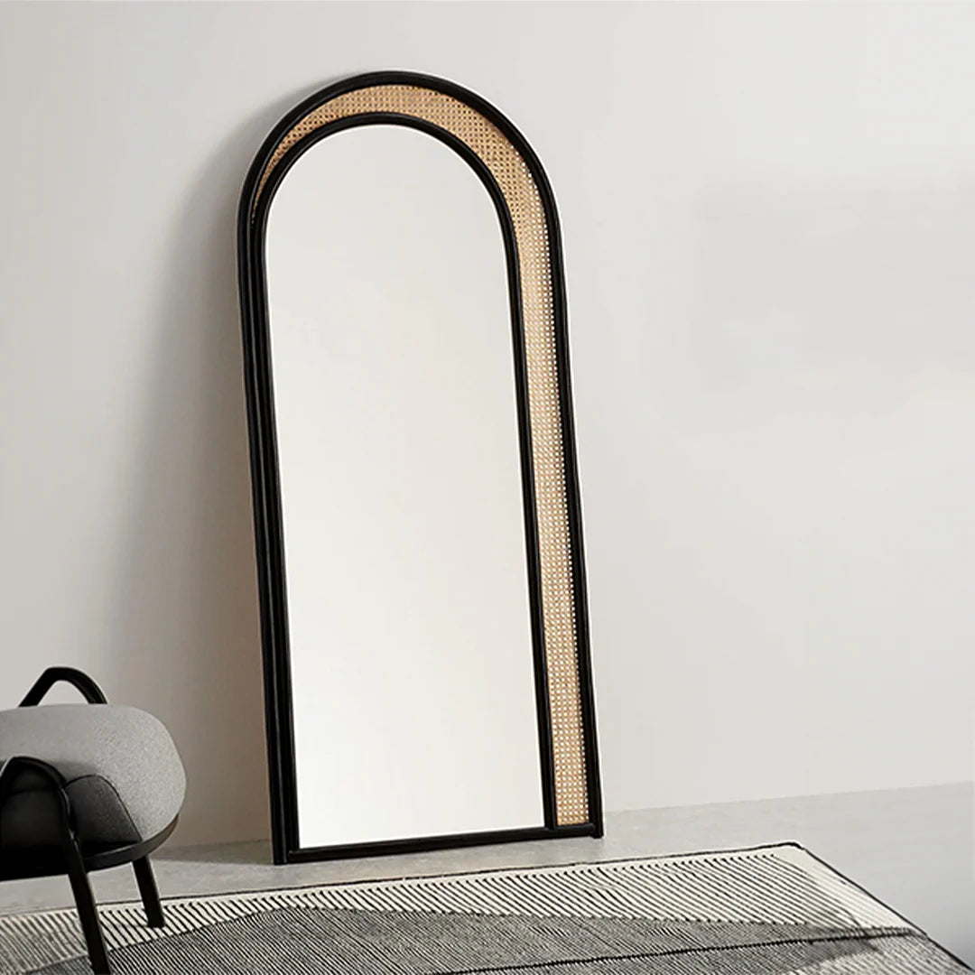 Arched Teakwood Black Rattan Floor Mirror