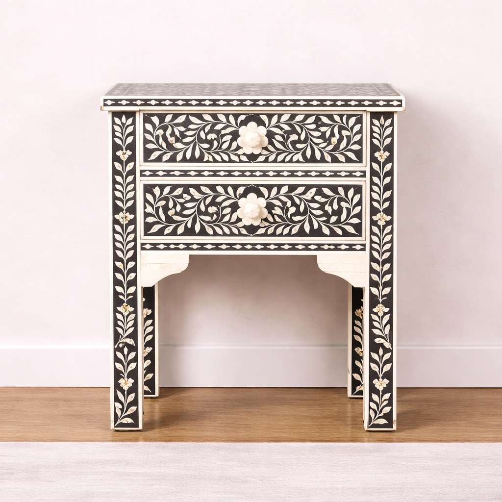 Noir Bloom Inlay Bedside Table