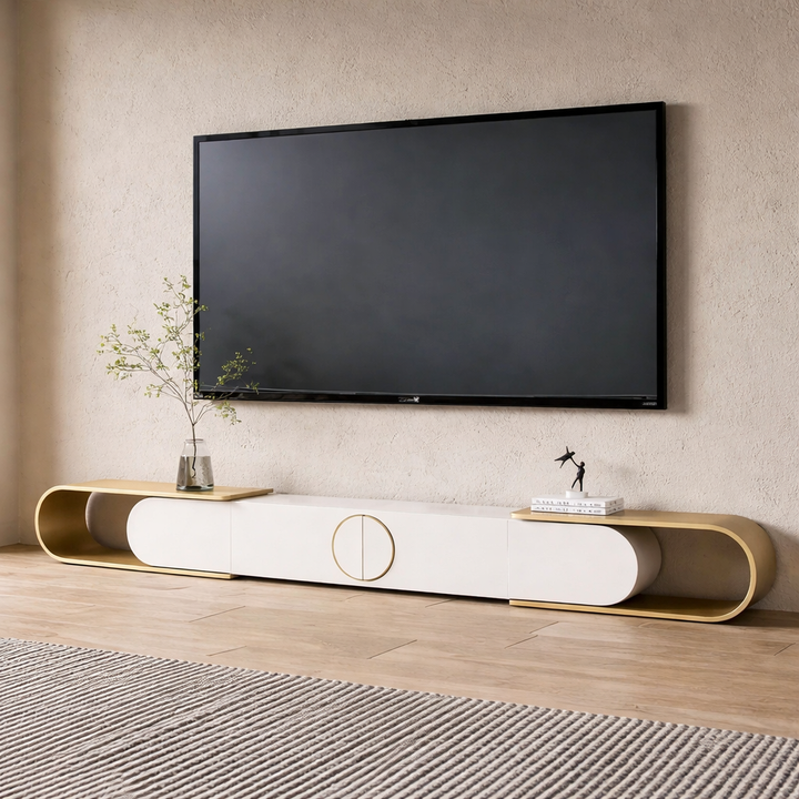 Extendable Oval Metal TV Stand with 4 Drawers in Gold & White