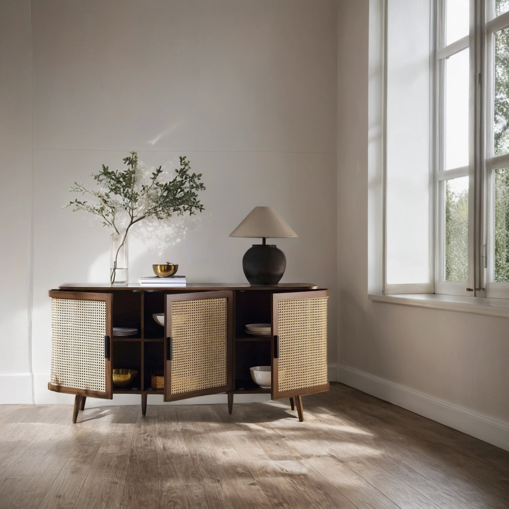 Curved Rattan Large 3-Door Walnut Sideboard,