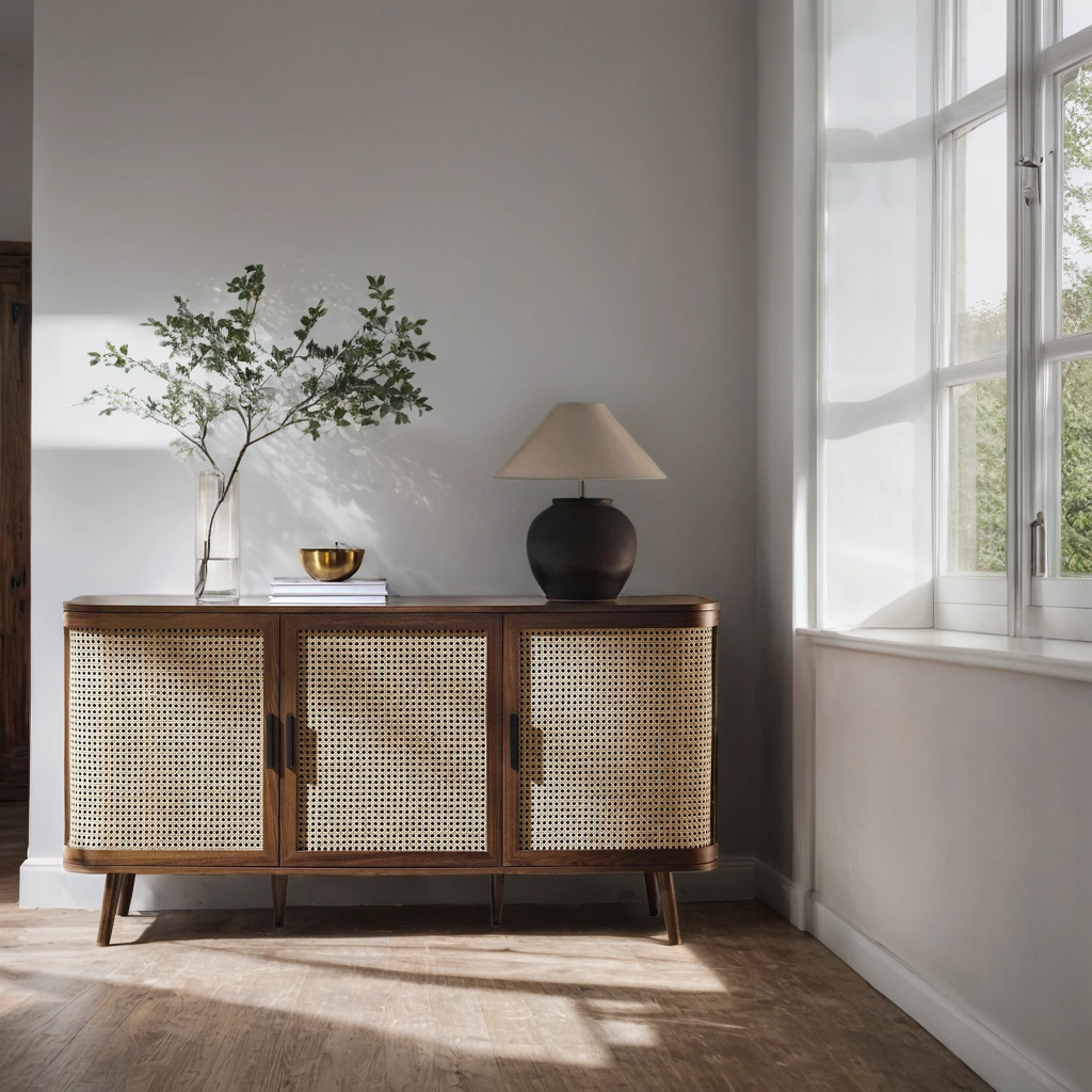 Curved Rattan Large 3-Door Walnut Sideboard,