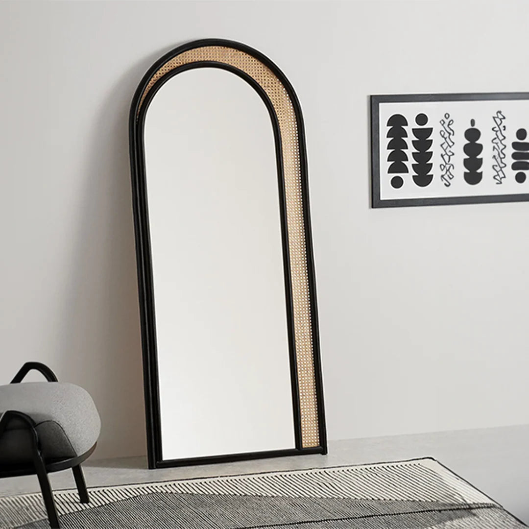 Arched Teakwood Black Rattan Floor Mirror