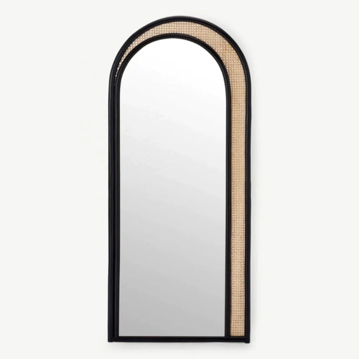 Arched Teakwood Black Rattan Floor Mirror