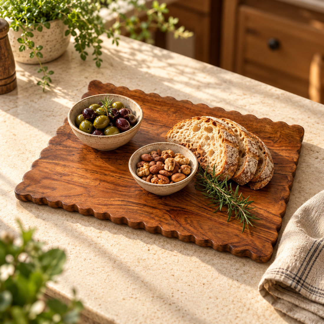 Rustic Scalloped Wooden Serving Platter