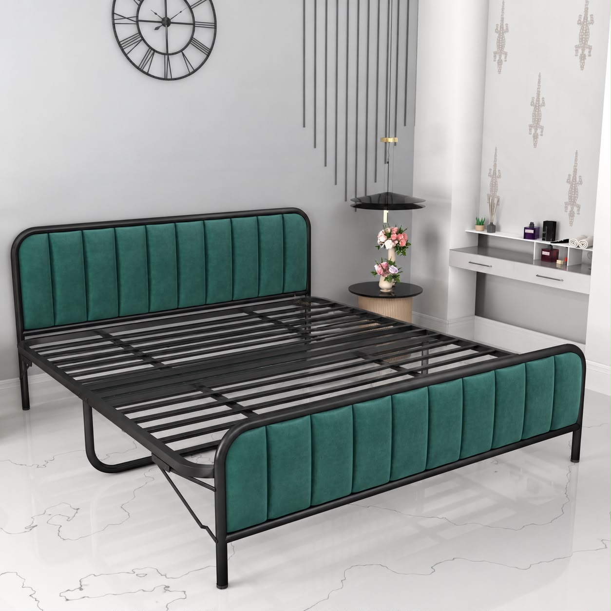 Emerald Luxe Upholstered Metal Bed with Premium Teal Velvet Finish