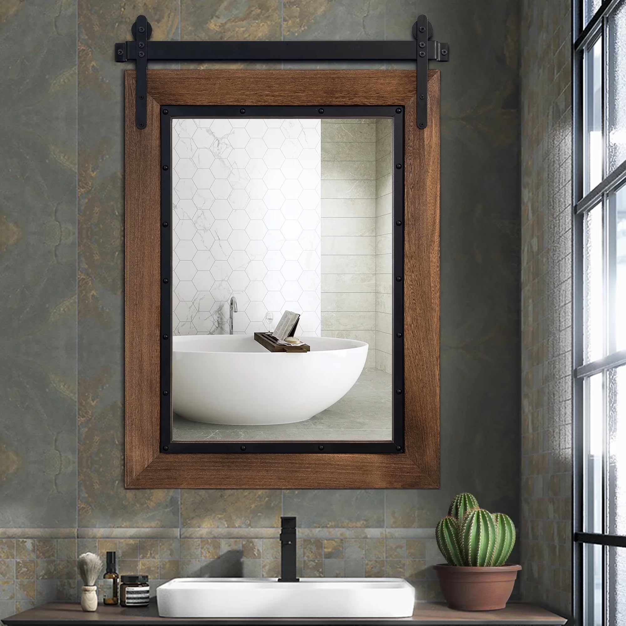 Black Brown Wooden Bathroom Mirror