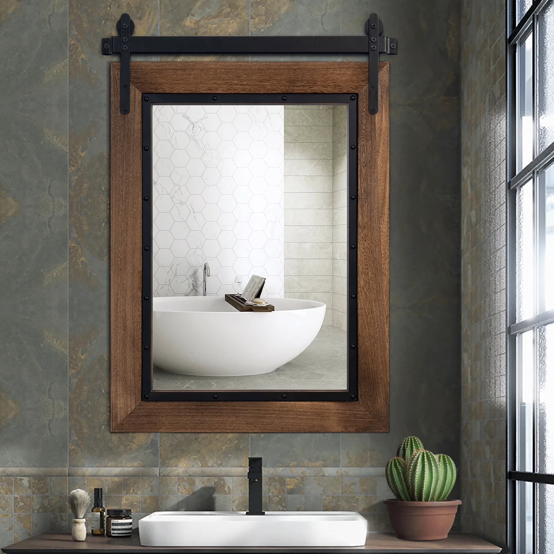 Black Brown Wooden Bathroom Mirror