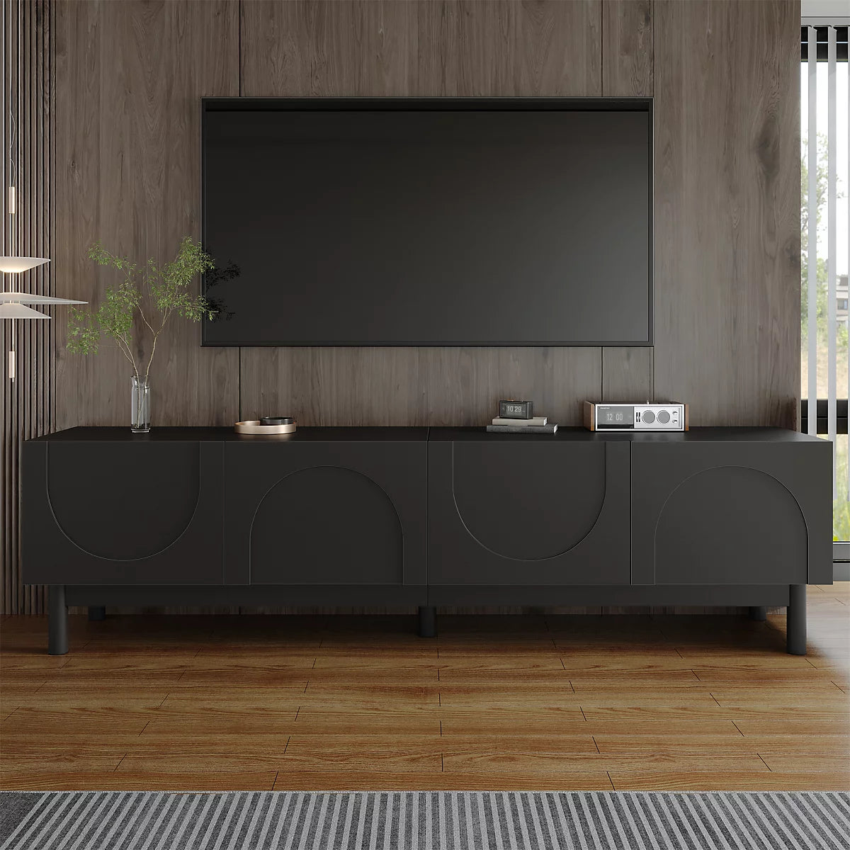 BTM Lowboard, TV Cabinet with Curved, Wave-Shaped Doors, Shelves, and TV Stand with Stabilizing Legs