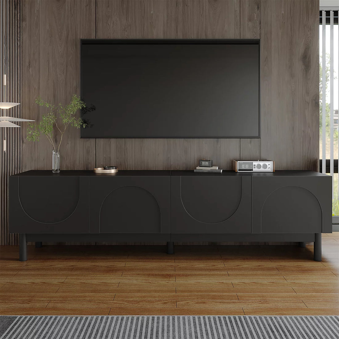 BTM Lowboard, TV Cabinet with Curved, Wave-Shaped Doors, Shelves, and TV Stand with Stabilizing Legs