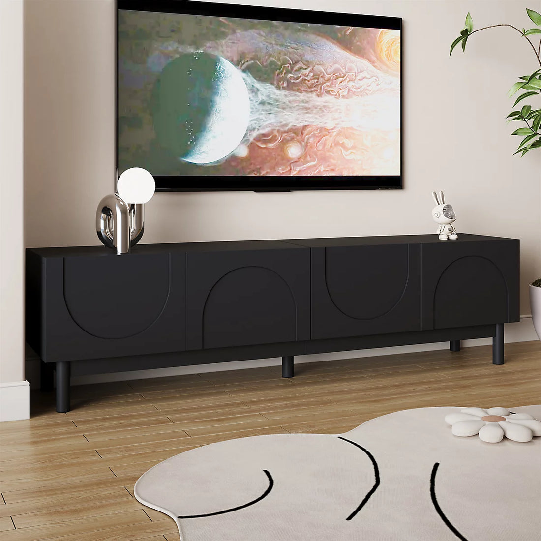 BTM Lowboard, TV Cabinet with Curved, Wave-Shaped Doors, Shelves, and TV Stand with Stabilizing Legs