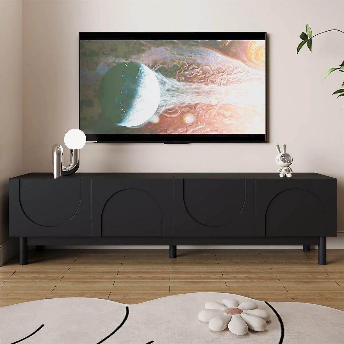 BTM Lowboard, TV Cabinet with Curved, Wave-Shaped Doors, Shelves, and TV Stand with Stabilizing Legs