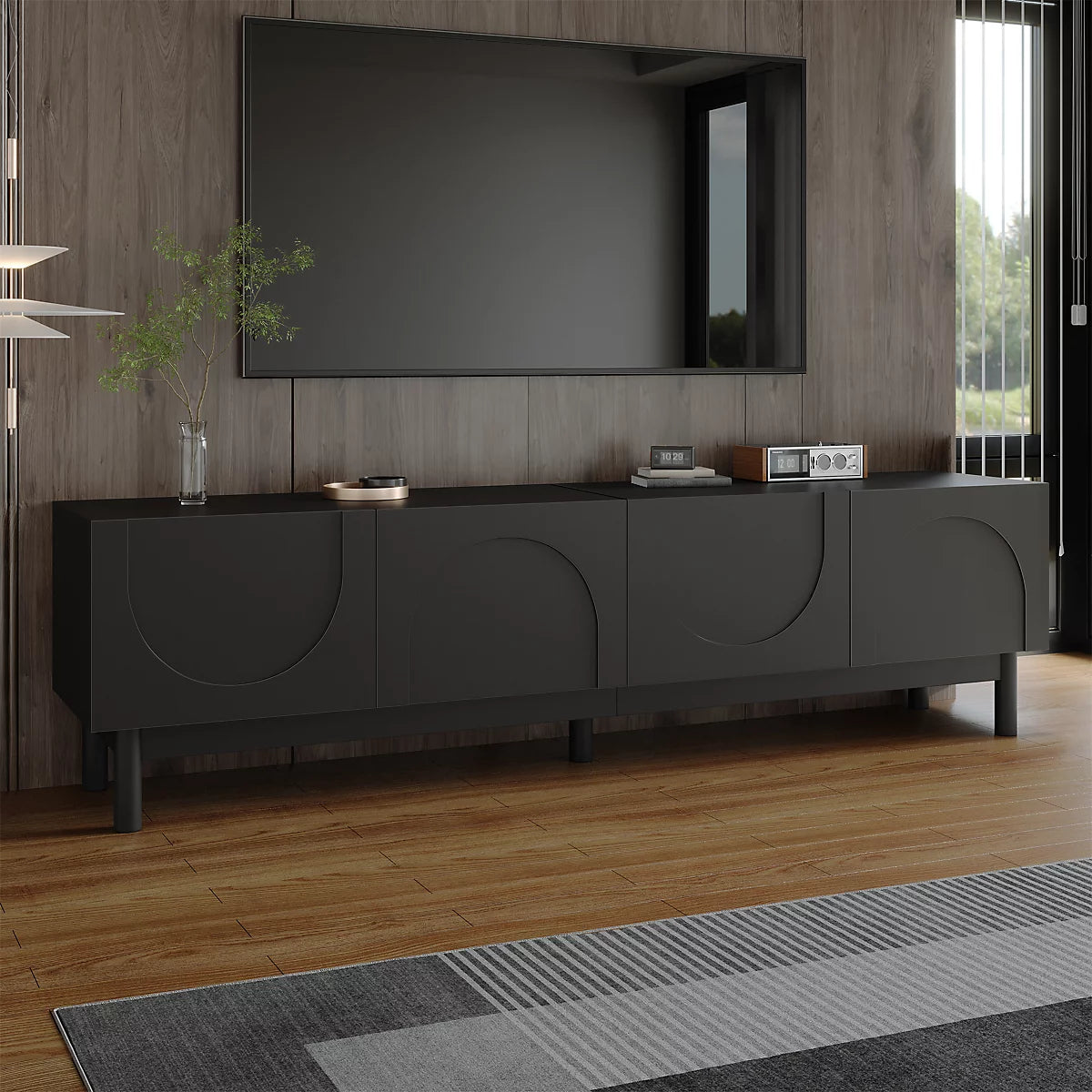 BTM Lowboard, TV Cabinet with Curved, Wave-Shaped Doors, Shelves, and TV Stand with Stabilizing Legs