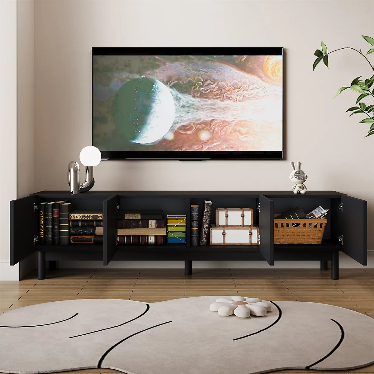 BTM Lowboard, TV Cabinet with Curved, Wave-Shaped Doors, Shelves, and TV Stand with Stabilizing Legs