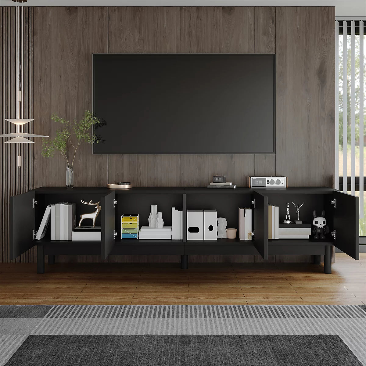 BTM Lowboard, TV Cabinet with Curved, Wave-Shaped Doors, Shelves, and TV Stand with Stabilizing Legs