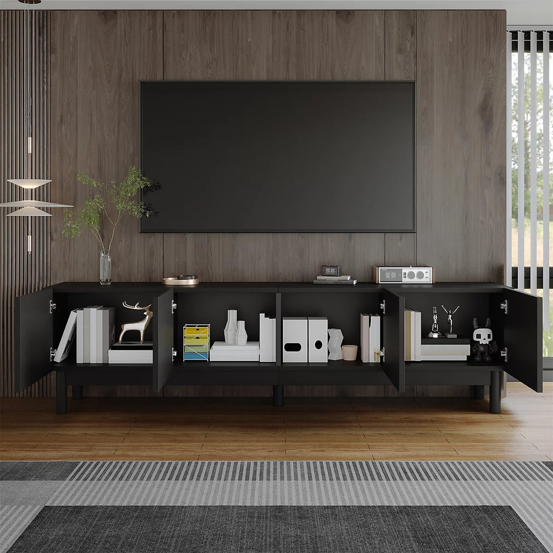 BTM Lowboard, TV Cabinet with Curved, Wave-Shaped Doors, Shelves, and TV Stand with Stabilizing Legs