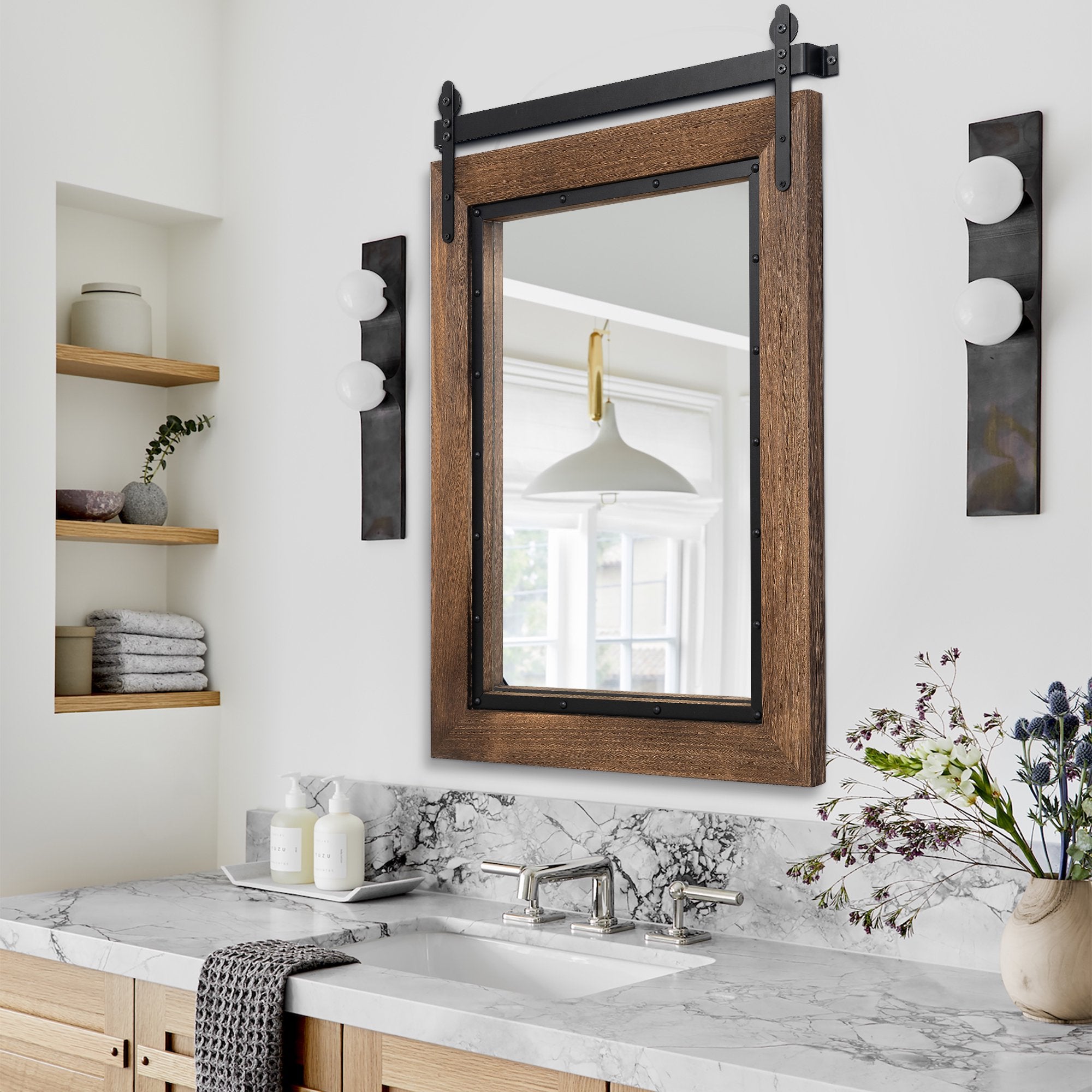 Black Brown Wooden Bathroom Mirror