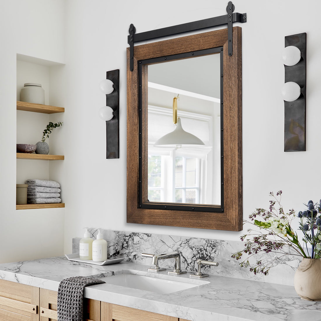 Black Brown Wooden Bathroom Mirror