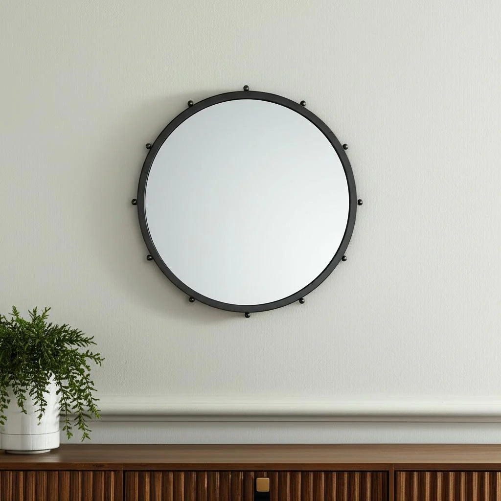 Black Metal Beaded Round Framed Accent Mirror
