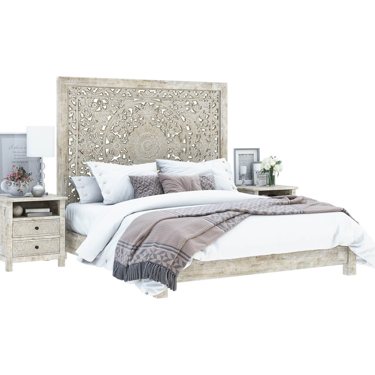 Hand-carved Platform Bed With Moroccan Style Headboard