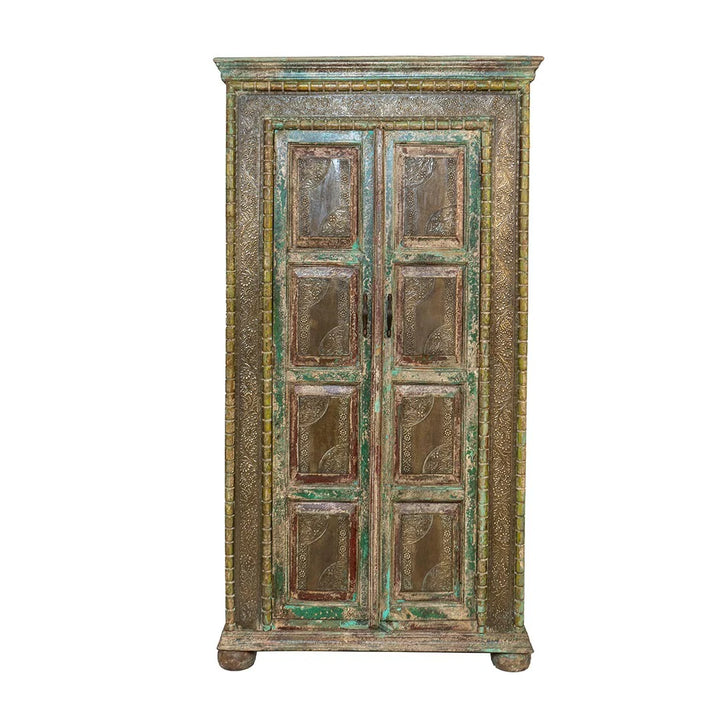 Wooden Wardrobe in green antique colour with brass work