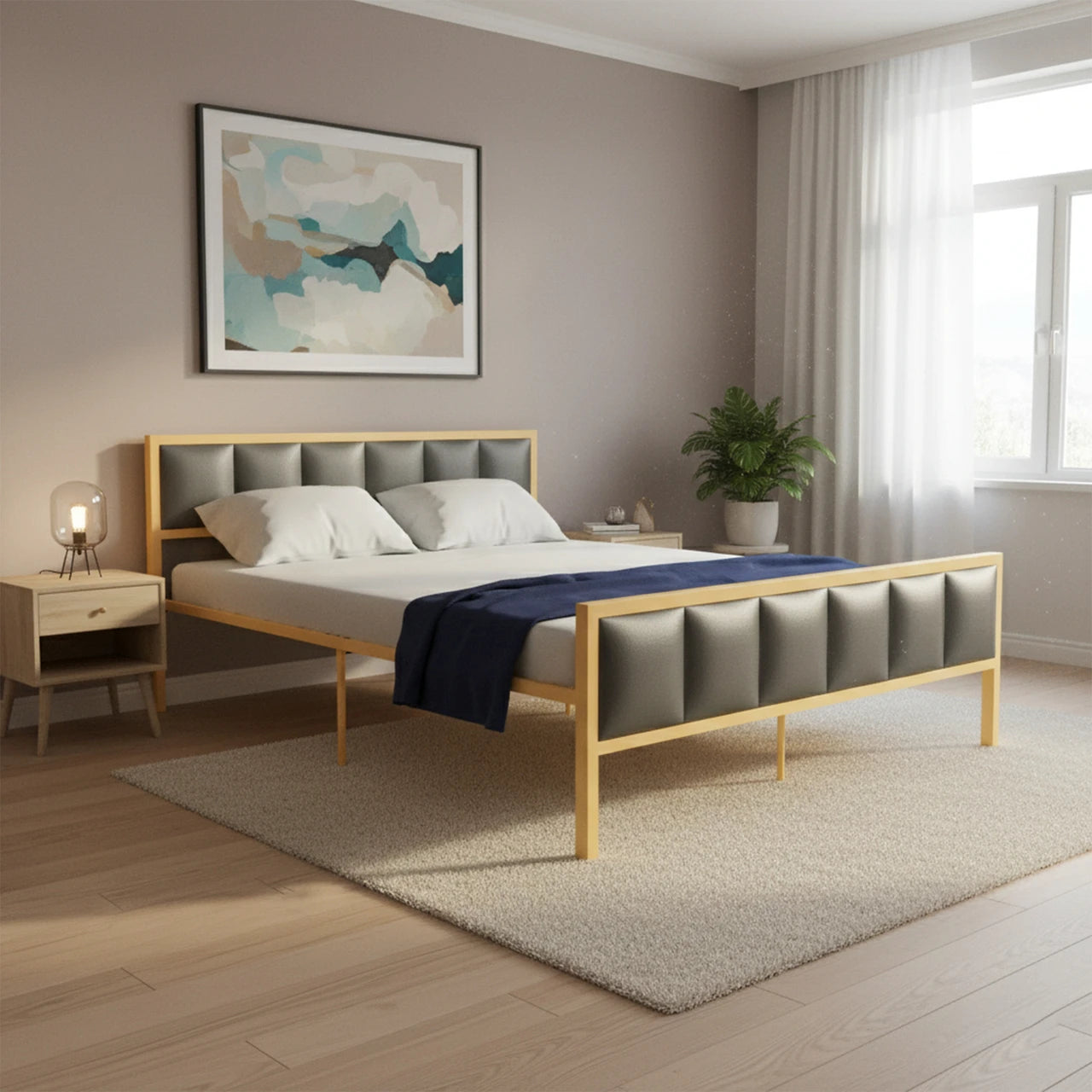 Modern Upholstered Platform Bed with Metal Frame