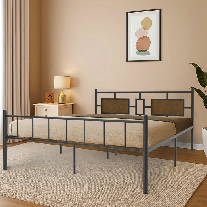 Modern Industrial Metal Platform Bed with Wooden Accent Headboard