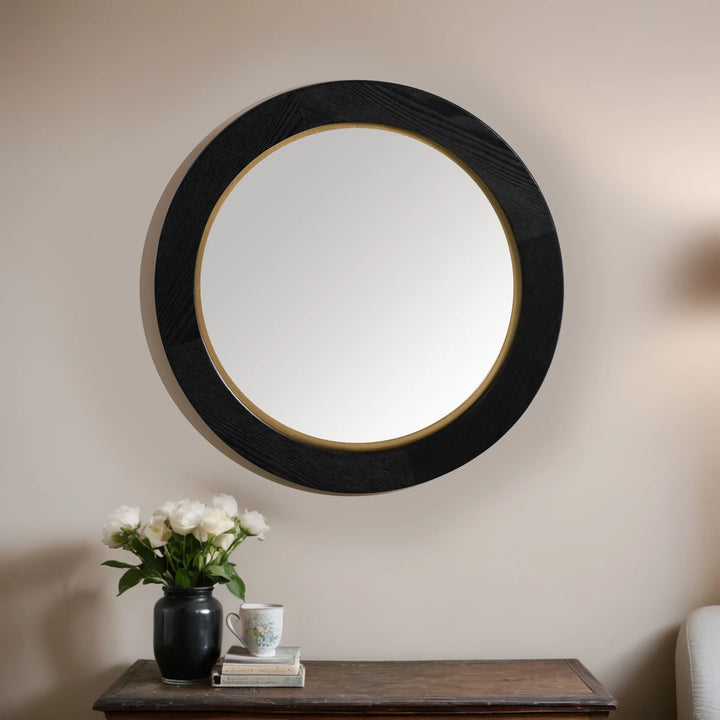 Black Wood  & Gold Round Wall Mirror