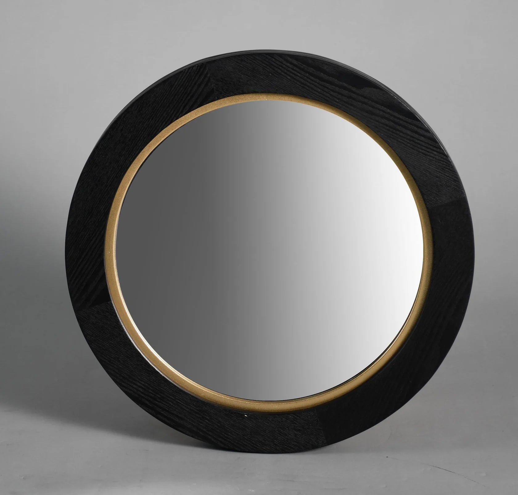 Black Wood  & Gold Round Wall Mirror