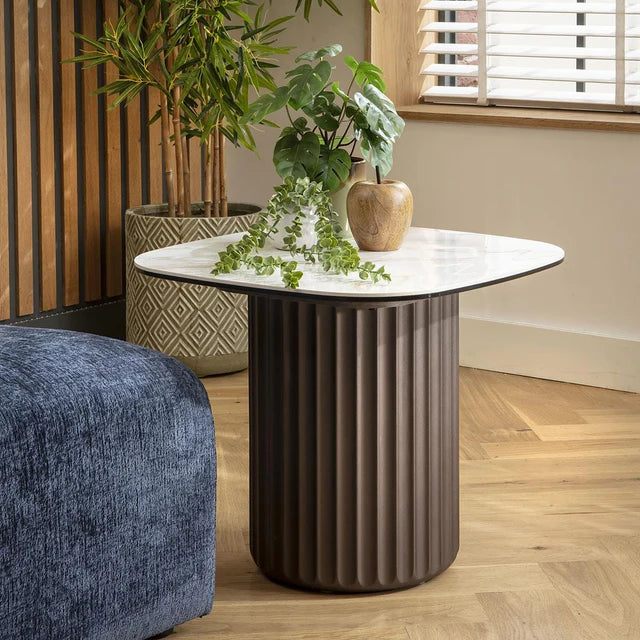 Marron Ceramic Square Side Table White Marble Effect