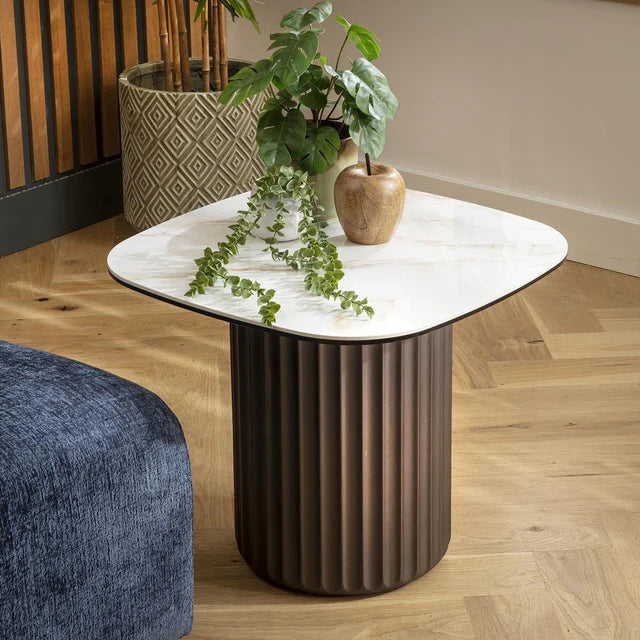 Marron Ceramic Square Side Table White Marble Effect