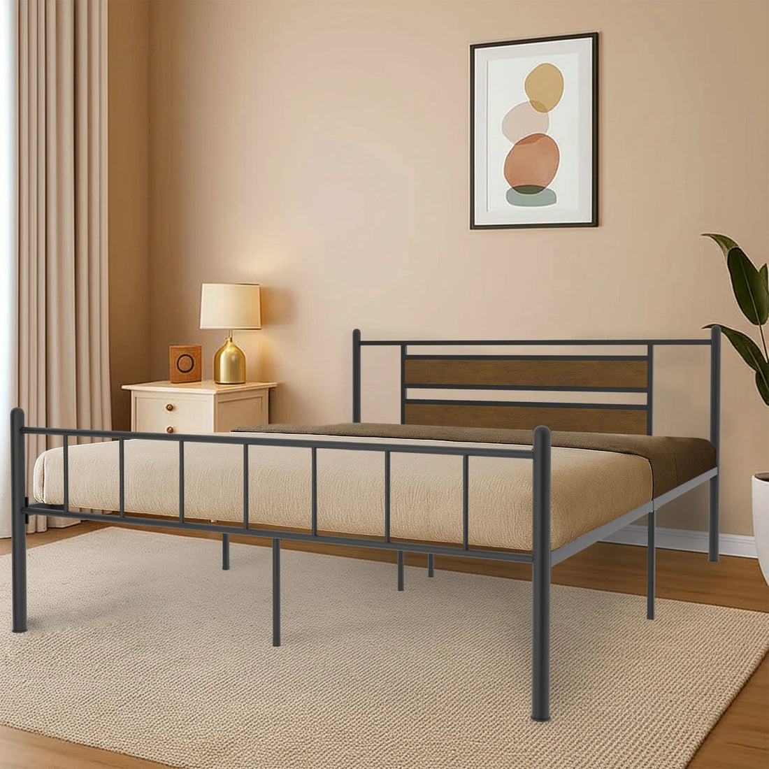 Industrial Metal Platform Bed with Wood Panel Headboard