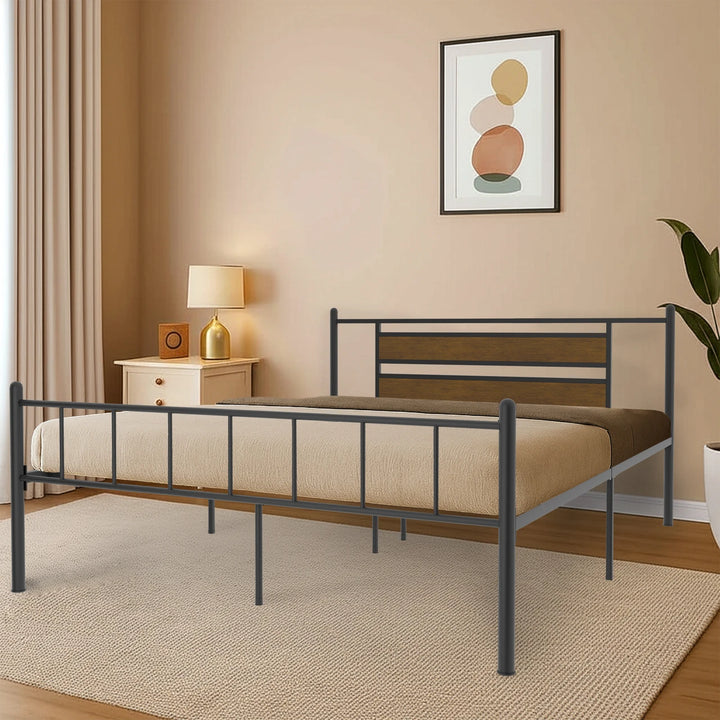Industrial Metal Platform Bed with Wood Panel Headboard