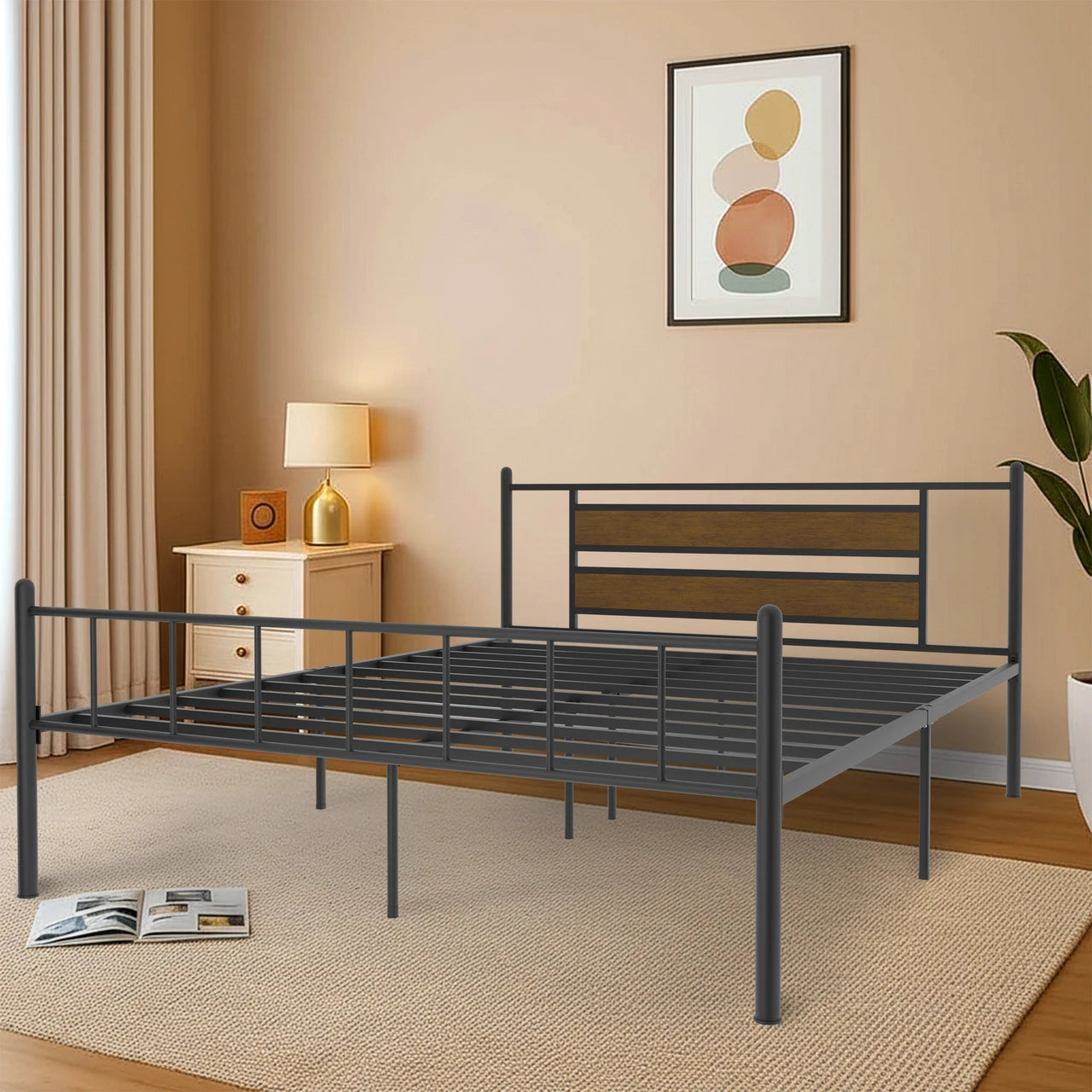 Industrial Metal Platform Bed with Wood Panel Headboard