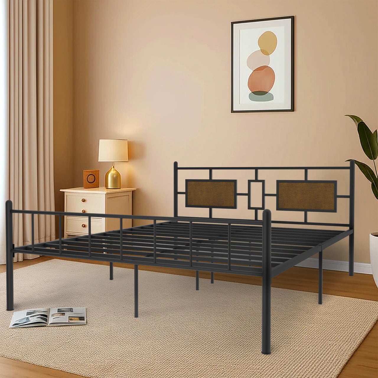 Modern Industrial Metal Platform Bed with Wooden Accent Headboard