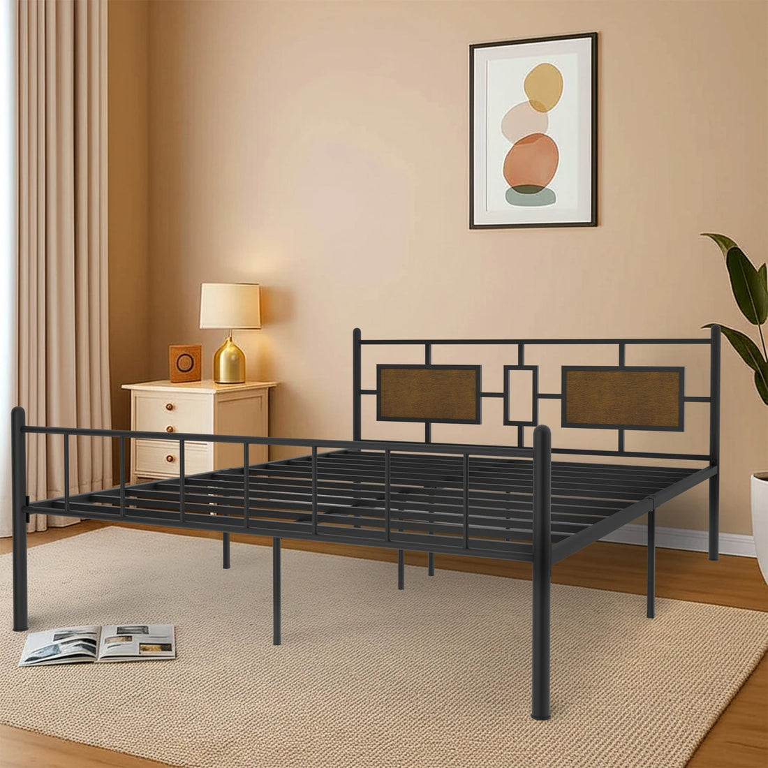 Modern Industrial Metal Platform Bed with Wooden Accent Headboard