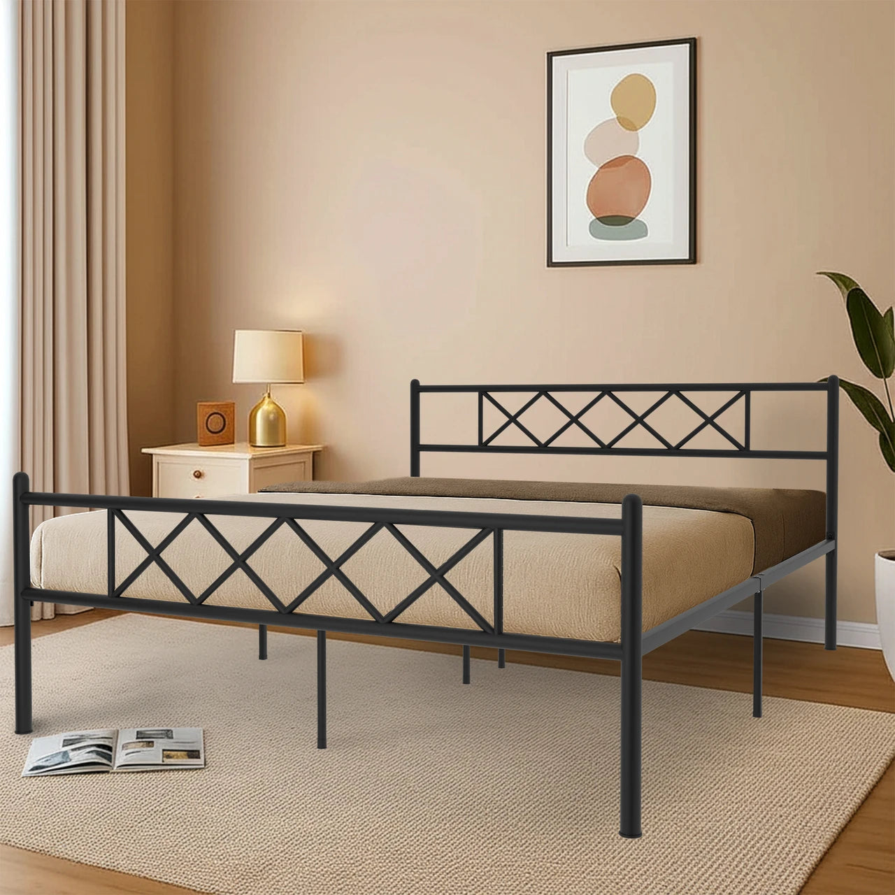 Contemporary Diamond Pattern Metal Platform Bed Frame