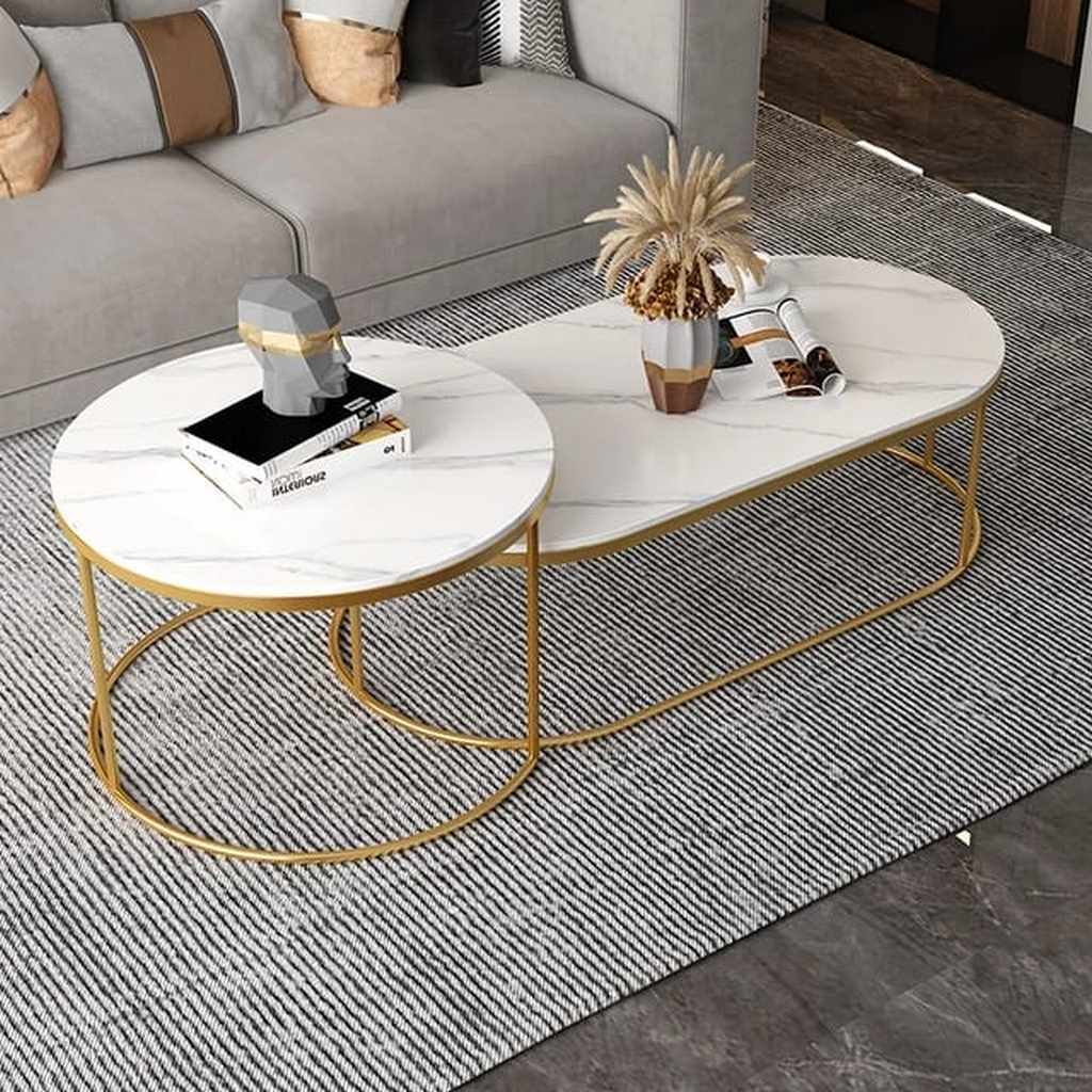 Steel and Marble Centre Table Gold and White - Set of 2