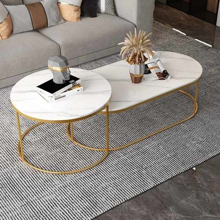 Steel and Marble Centre Table Gold and White - Set of 2